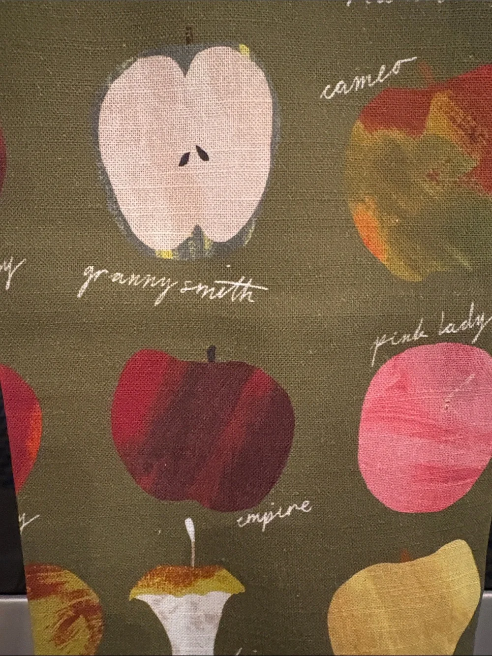 Anthropologie Olive Green Apple Print Kitchen Towel